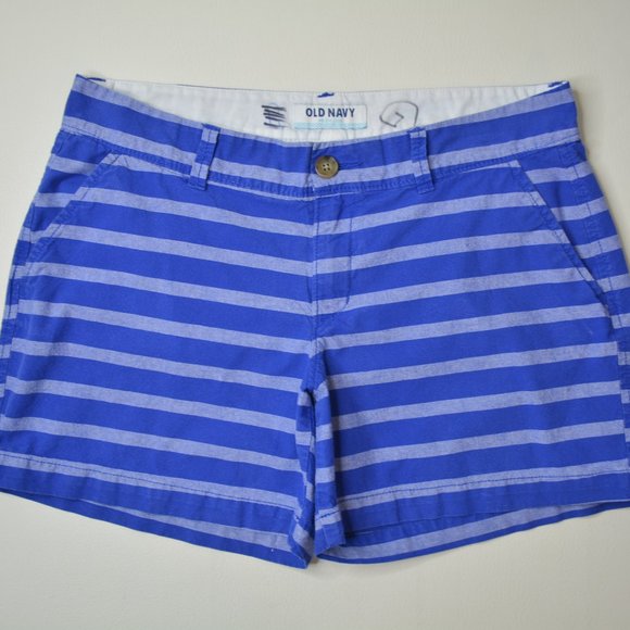 Old‎ Navy Size 4 Regular Womens ROYAL Blue STRIPED Low Rise CHINO Casual SHORTS - Picture 1 of 3